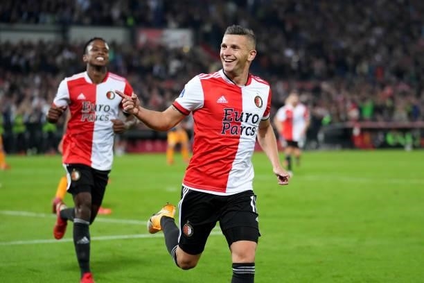 Bryan Linssen of Feyenoord celebrates after scoring the second goal for his team during the Dutch Eredivisie match between Feyenoord and SC...
