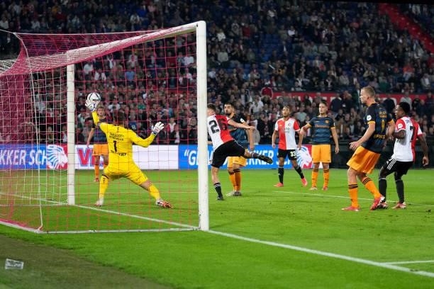 Guus Til of Feyenoord head a ball to goal during the Dutch Eredivisie match between Feyenoord and SC Heerenveen at Stadion Feijenoord De Kuip on...