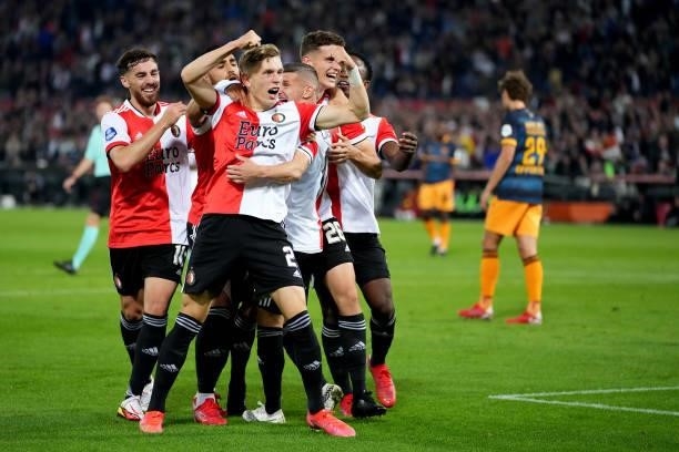 Guus Til of Feyenoord celebrate with teammates after score the first goal of his team during the Dutch Eredivisie match between Feyenoord and SC...