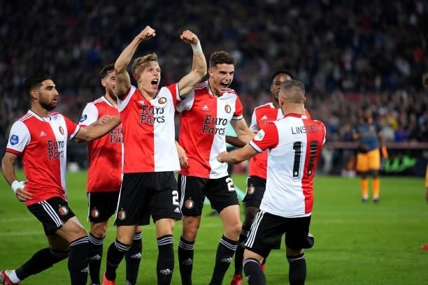 Guus Til of Feyenoord celebrate with teammates after score the first goal of his team during the Dutch Eredivisie match between Feyenoord and SC...