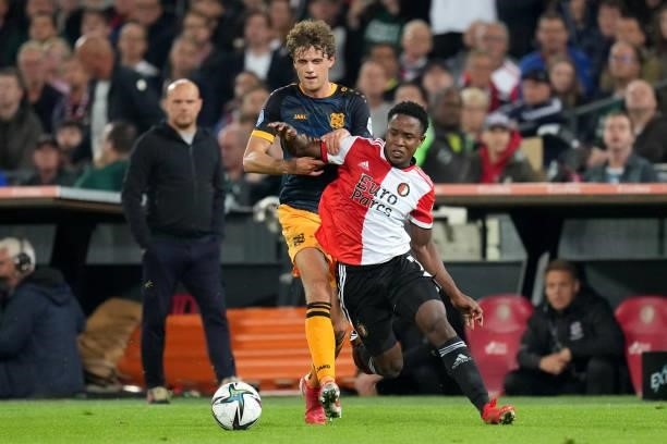 Nicolas Madsen of SC Heerenveen battles for the ball with Luis Sinisterra of Feyenoord during the Dutch Eredivisie match between Feyenoord and SC...
