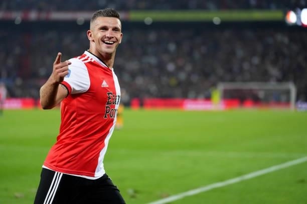 Bryan Linssen of Feyenoord celebrates after scoring the second goal for his team during the Dutch Eredivisie match between Feyenoord and SC...