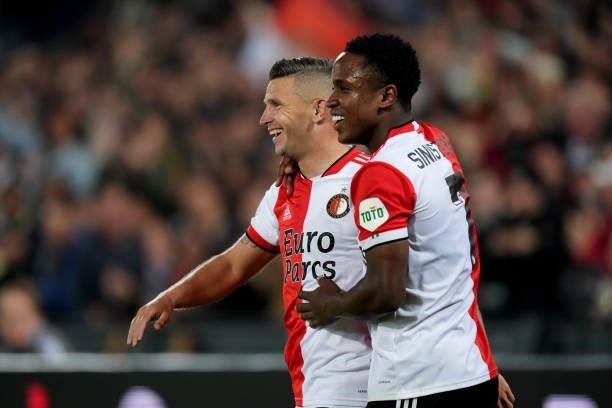 Bryan Linssen of Feyenoord celebrates with Luis Sinisterra of Feyenoord after scoring the second goal for his team during the Dutch Eredivisie match...