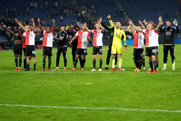 Feyenoord players aknowledge the fans after victory during the Dutch Eredivisie match between Feyenoord and SC Heerenveen at Stadion Feijenoord De...