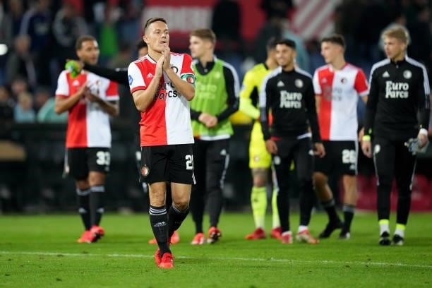 Jens Toornsta of Feyenoord reacts after victory during the Dutch Eredivisie match between Feyenoord and SC Heerenveen at Stadion Feijenoord De Kuip...