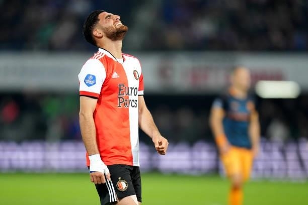 Alireza Jahanbakhsh of Feyenoord reacts during the Dutch Eredivisie match between Feyenoord and SC Heerenveen at Stadion Feijenoord De Kuip on...