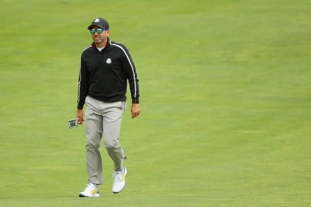 Sergio Garcia of Spain and team Europe walks across the ninth hole during practice rounds prior to the 43rd Ryder Cup at Whistling Straits on...