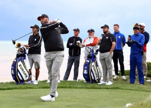 Jon Rahm of Spain and team Europe plays his shot from the eighth tee during practice rounds prior to the 43rd Ryder Cup at Whistling Straits on...