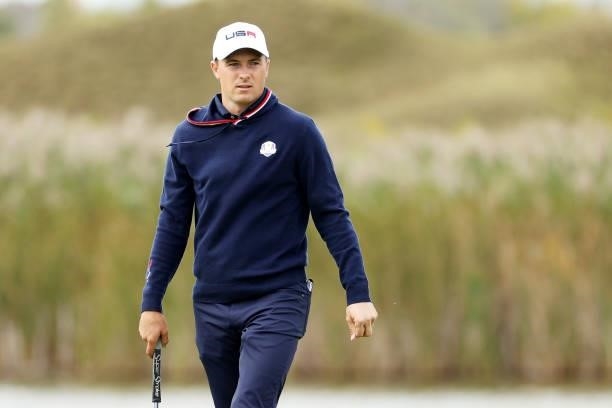 Jordan Spieth of team United States looks on during practice rounds prior to the 43rd Ryder Cup at Whistling Straits on September 23, 2021 in Kohler,...