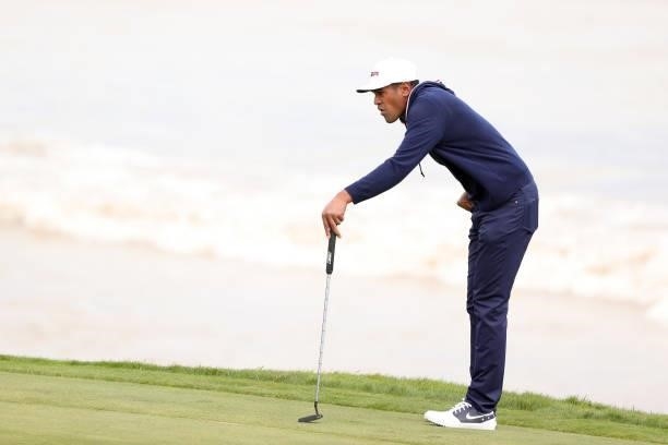Tony Finau of team United States lines up a putt on the fourth green during practice rounds prior to the 43rd Ryder Cup at Whistling Straits on...
