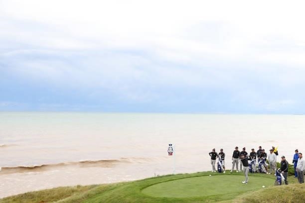 Sergio Garcia of Spain and team Europe plays his shot from the eighth tee during practice rounds prior to the 43rd Ryder Cup at Whistling Straits on...