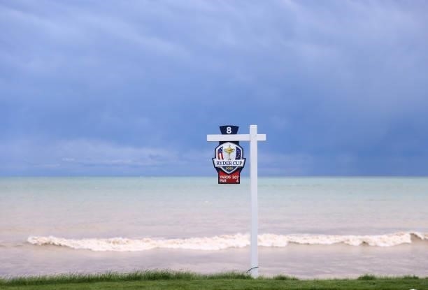 General view of the sign for the eighth tee during practice rounds prior to the 43rd Ryder Cup at Whistling Straits on September 23, 2021 in Kohler,...