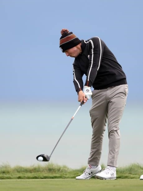 Matthew Fitzpatrick of England and team Europe plays his tee shot during practice rounds prior to the 43rd Ryder Cup at Whistling Straits on...