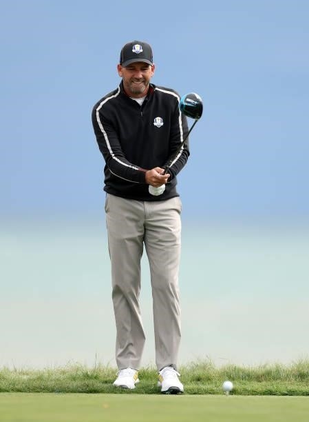 Sergio Garcia of Spain and team Europe plays his tee shot during practice rounds prior to the 43rd Ryder Cup at Whistling Straits on September 23,...