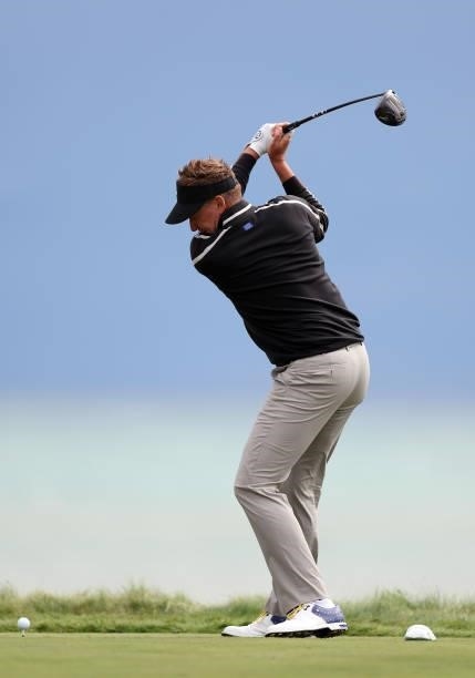 Ian Poulter of England and team Europe plays his tee shot during practice rounds prior to the 43rd Ryder Cup at Whistling Straits on September 23,...