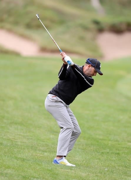 Sergio Garcia of Spain and team Europe plays his shot during practice rounds prior to the 43rd Ryder Cup at Whistling Straits on September 23, 2021...