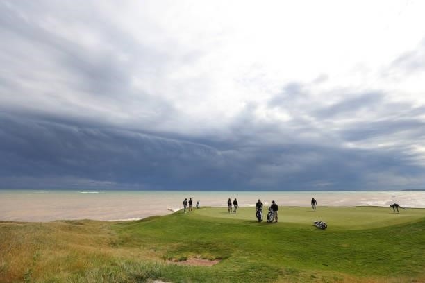 General view of members of Team Europe on the green during practice rounds prior to the 43rd Ryder Cup at Whistling Straits on September 23, 2021 in...