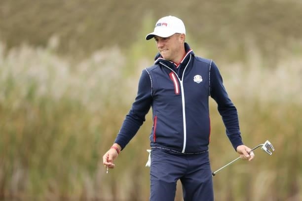 Justin Thomas of team United States reacts on the green during practice rounds prior to the 43rd Ryder Cup at Whistling Straits on September 23, 2021...