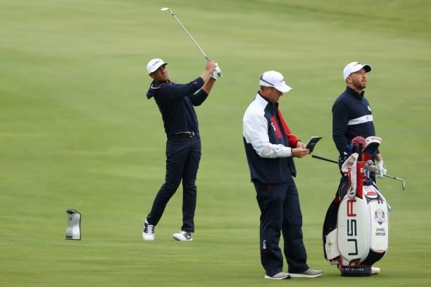 Tony Finau of team United States plays his shot during practice rounds prior to the 43rd Ryder Cup at Whistling Straits on September 23, 2021 in...