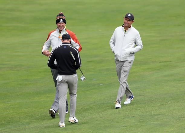 Vice-captain Robert Karlsson of Sweden and team Europe, Rory McIlroy of Northern Ireland and team Europe, and captain Padraig Harrington of Ireland...