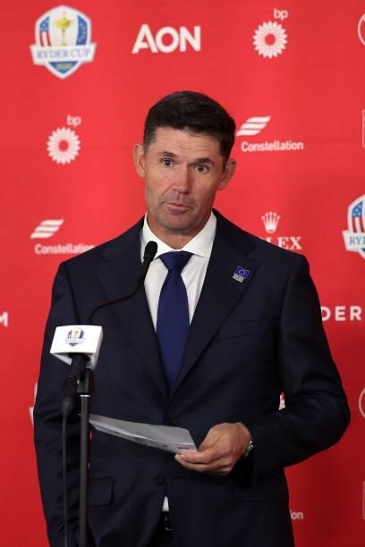 Captain Padraig Harrington of Ireland and team Europe speaks to the media prior to the 43rd Ryder Cup at Whistling Straits on September 23, 2021 in...