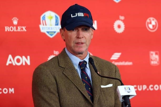 Captain Steve Stricker of team United States speaks to the media during practice rounds prior to the 43rd Ryder Cup at Whistling Straits on September...