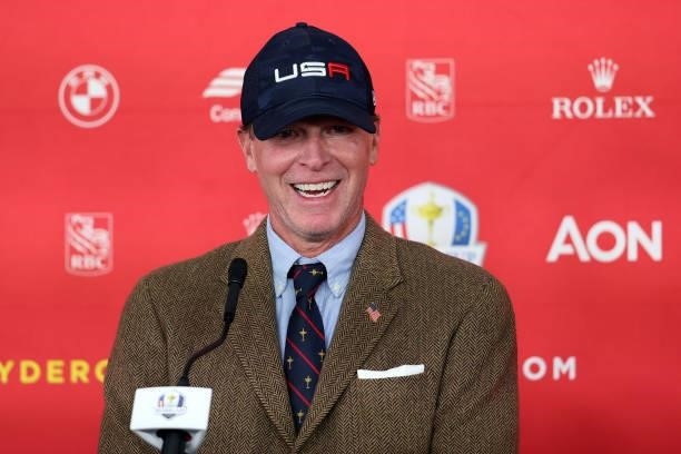 Captain Steve Stricker of team United States speaks to the media during practice rounds prior to the 43rd Ryder Cup at Whistling Straits on September...
