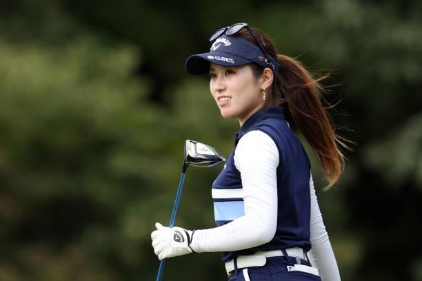 Yuna Nishimura of Japan reacts after her tee shot on the 14th hole during the first round of the Miyagi TV Cup Dunlop Ladies Open at Rifu Golf Club...