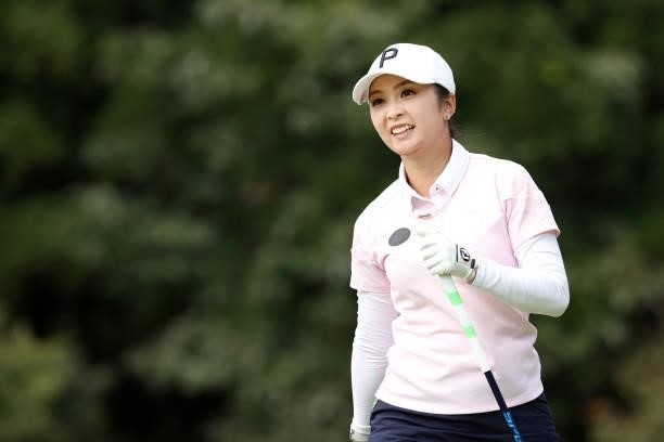 Erika Kikuchi of Japan smiles on the 14th tee during the first round of the Miyagi TV Cup Dunlop Ladies Open at Rifu Golf Club on September 24, 2021...