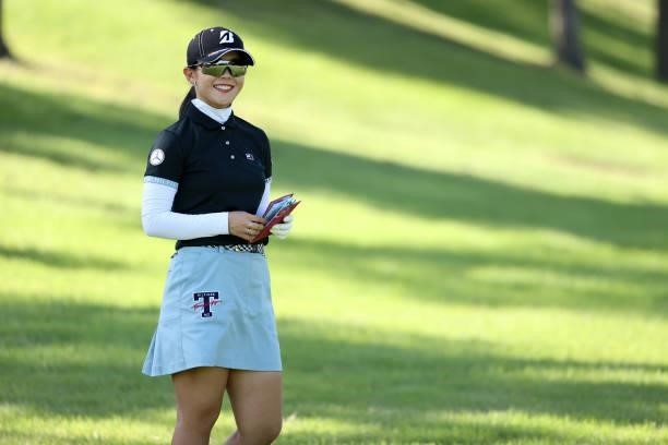 Yuri Yoshida of Japan smiles on the 14th hole during the first round of the Miyagi TV Cup Dunlop Ladies Open at Rifu Golf Club on September 24, 2021...