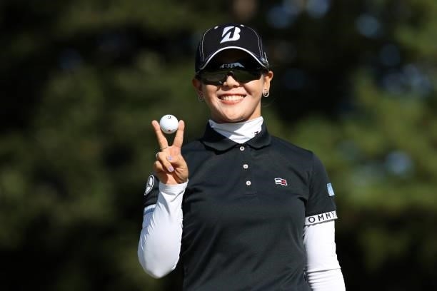 Yuri Yoshida of Japan poses after the birdie on the 14th green during the first round of the Miyagi TV Cup Dunlop Ladies Open at Rifu Golf Club on...