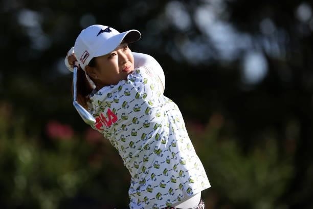 Mao Saigo of Japan hits her tee shot on the 15th hole during the first round of the Miyagi TV Cup Dunlop Ladies Open at Rifu Golf Club on September...