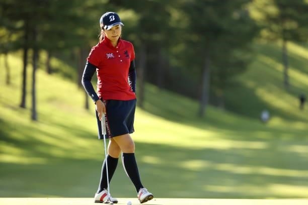 Kotone Hori of Japan lines up a putt on the 16th green during the first round of the Miyagi TV Cup Dunlop Ladies Open at Rifu Golf Club on September...