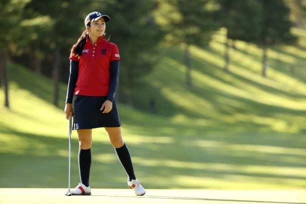 Kotone Hori of Japan reacts after a putt on the 16th green during the first round of the Miyagi TV Cup Dunlop Ladies Open at Rifu Golf Club on...