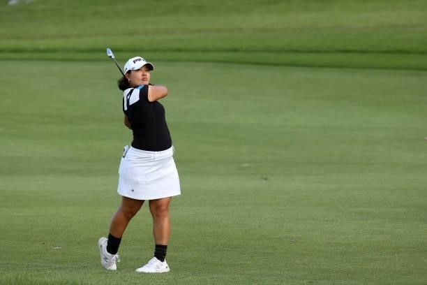 Ai Suzuki of Japan hits her second shot on the 17th hole during the first round of the Miyagi TV Cup Dunlop Ladies Open at Rifu Golf Club on...
