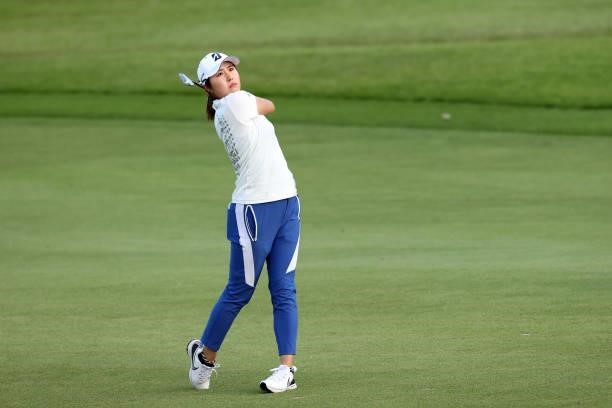 Momoko Osato of Japan hits her second shot on the 17th hole during the first round of the Miyagi TV Cup Dunlop Ladies Open at Rifu Golf Club on...