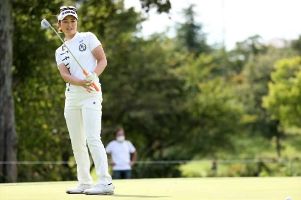 Nozomi Uetake of Japan reacts after a putt on the 11th green during the first round of the Miyagi TV Cup Dunlop Ladies Open at Rifu Golf Club on...