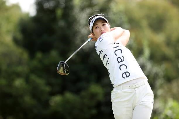 Nozomi Uetake of Japan hits her tee shot on the 12th hole during the first round of the Miyagi TV Cup Dunlop Ladies Open at Rifu Golf Club on...