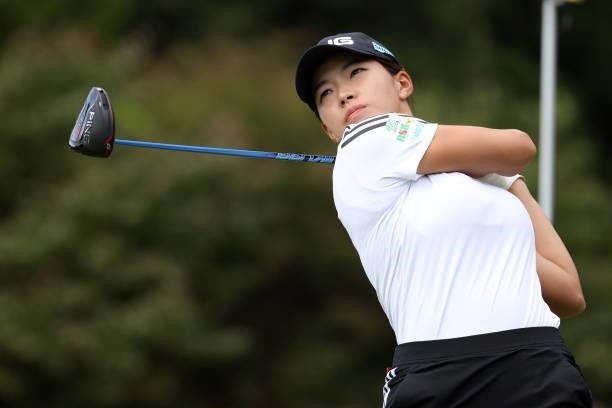 Hinako Shibuno of Japan hits her tee shot on the 14th hole during the first round of the Miyagi TV Cup Dunlop Ladies Open at Rifu Golf Club on...