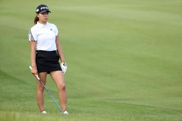Hinako Shibuno of Japan is seen before her second shot on the 14th hole during the first round of the Miyagi TV Cup Dunlop Ladies Open at Rifu Golf...