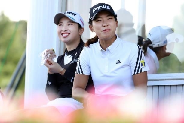 Sakura Koiwai and Hinako Shibuno of Japan wait before the 15th tee during the first round of the Miyagi TV Cup Dunlop Ladies Open at Rifu Golf Club...