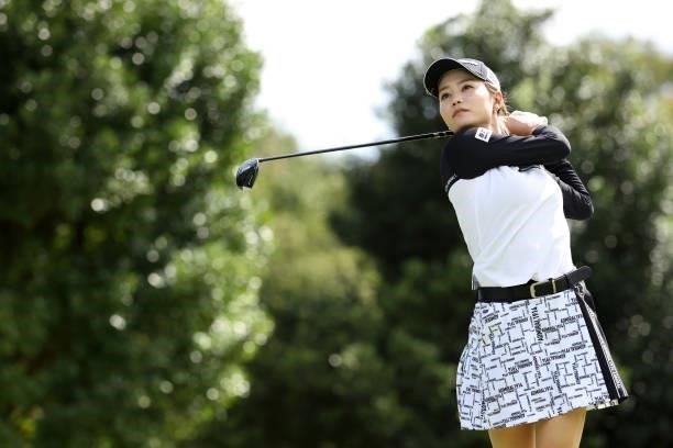 Akira Yamaji of Japan hits her tee shot on the 13th hole during the first round of the Miyagi TV Cup Dunlop Ladies Open at Rifu Golf Club on...