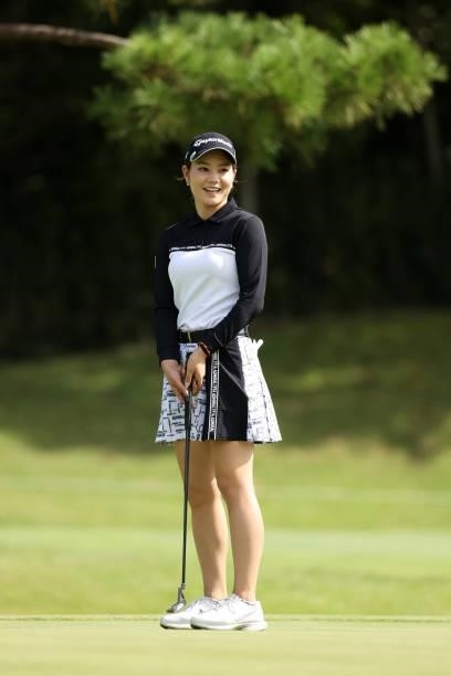 Akira Yamaji of Japan reacts after a putt on the 13th green during the first round of the Miyagi TV Cup Dunlop Ladies Open at Rifu Golf Club on...