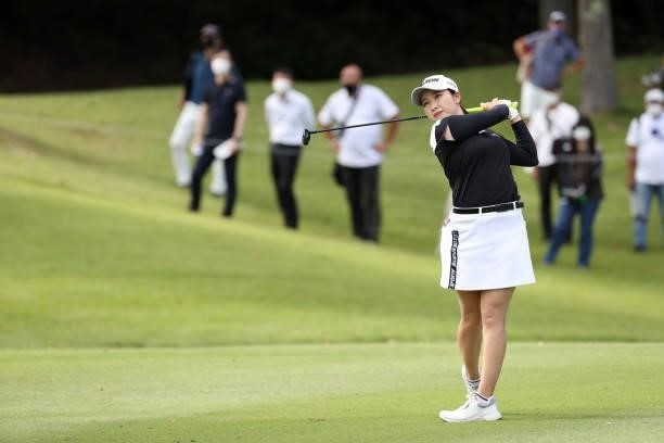 Sakura Koiwai of Japan hits her second shot on the 13th hole during the first round of the Miyagi TV Cup Dunlop Ladies Open at Rifu Golf Club on...