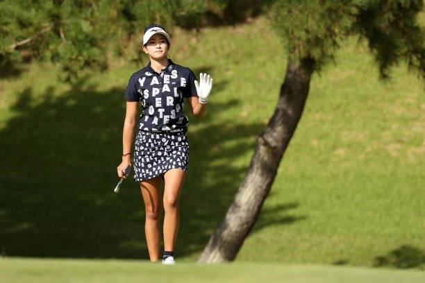 Erika Hara of Japan acknowledges fans after an approach onto the 14th green during the first round of the Miyagi TV Cup Dunlop Ladies Open at Rifu...