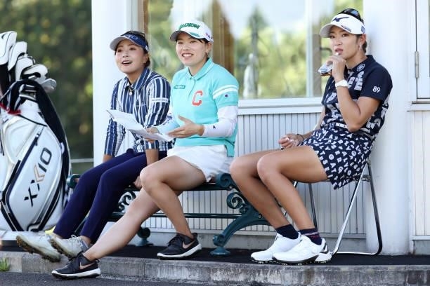 Serena Aoki, Minami Katsu and Erika Hara of Japan share a laugh before the 15th hole during the first round of the Miyagi TV Cup Dunlop Ladies Open...