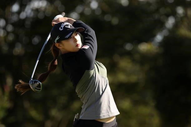 Asuka Kashiwabara of Japan hits her tee shot on the 15th hole during the first round of the Miyagi TV Cup Dunlop Ladies Open at Rifu Golf Club on...