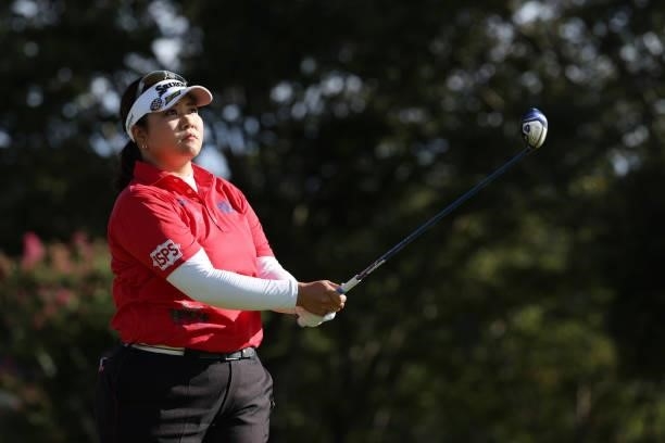 Miki Sakai of Japan hits her tee shot on the 15th hole during the first round of the Miyagi TV Cup Dunlop Ladies Open at Rifu Golf Club on September...