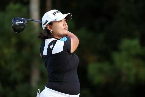 Ai Suzuki of Japan hits her tee shot on the 17th hole during the first round of the Miyagi TV Cup Dunlop Ladies Open at Rifu Golf Club on September...