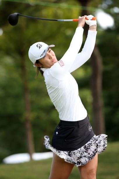 Ayaka Watanabe of Japan hits her tee shot on the 18th hole during the first round of the Miyagi TV Cup Dunlop Ladies Open at Rifu Golf Club on...